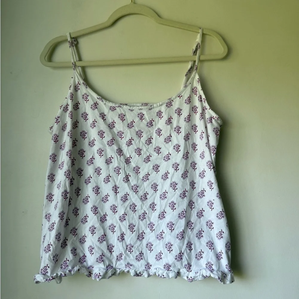 J. Crew White and Purple Floral Ruffle Camisole Tank M